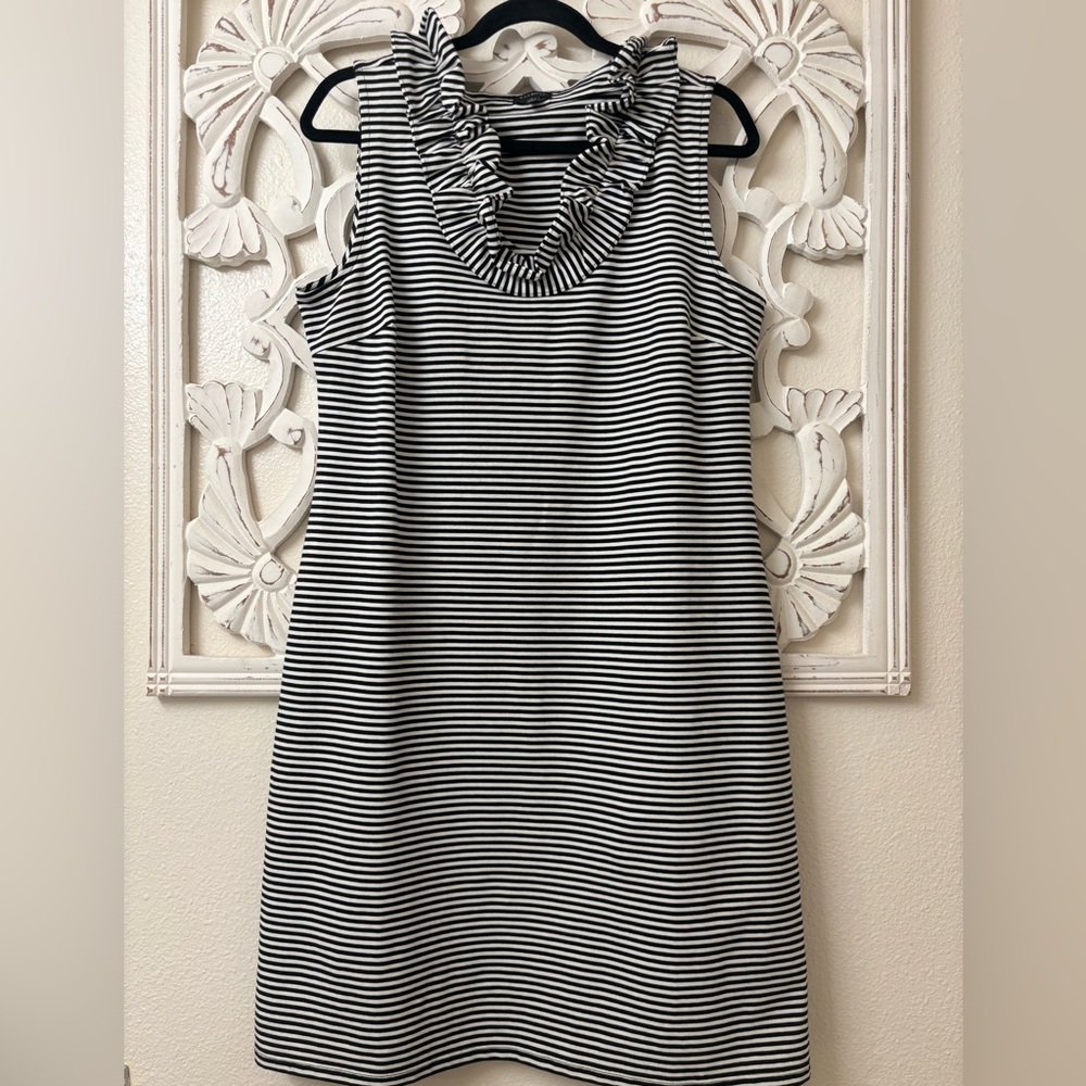 Talbots Striped Midi Dress with Ruffled Collar • 
Like New